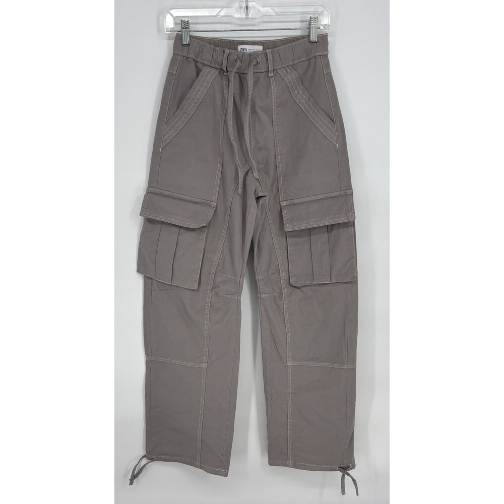 ZARA Womens Size 0 Gray Cargo Pants Baggy Y2K Utility Drawstring Contrast Stitch